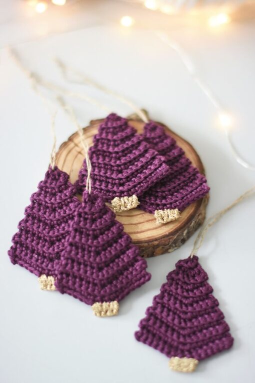 crochet christmas tree ornament purple gold