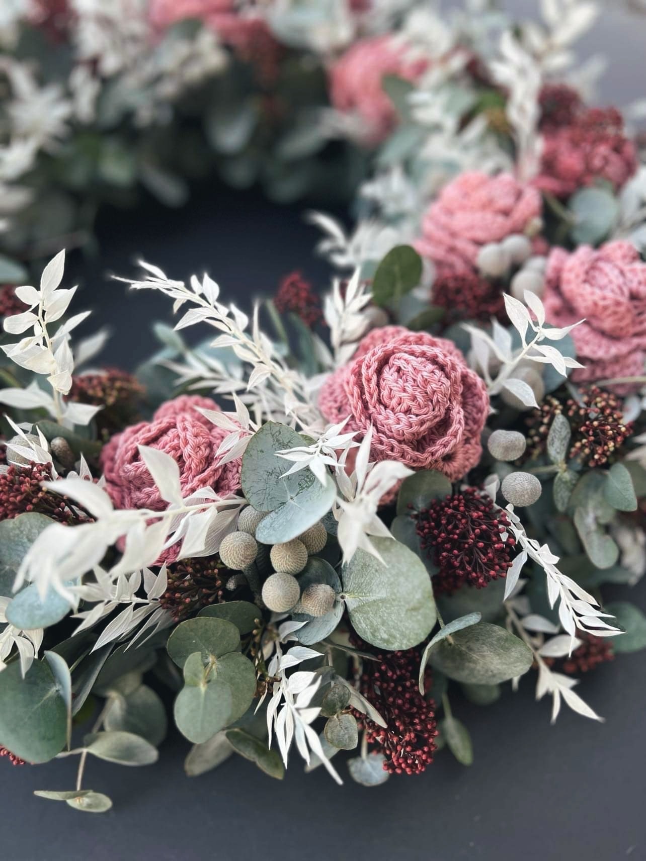 funeral wreath with crochet roses