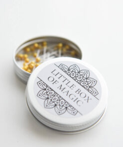 Long sewing pins in tin little box of magic